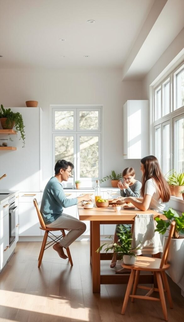 a cozy minimalist kitchen with a family gathered around a wooden table, natural lighting filtering through large windows, clean white walls and cabinets, a few potted plants adding touches of greenery, the family enjoying a simple meal together, warm and inviting atmosphere, high-quality materials and thoughtful design creating a functional yet serene space that brings the family closer