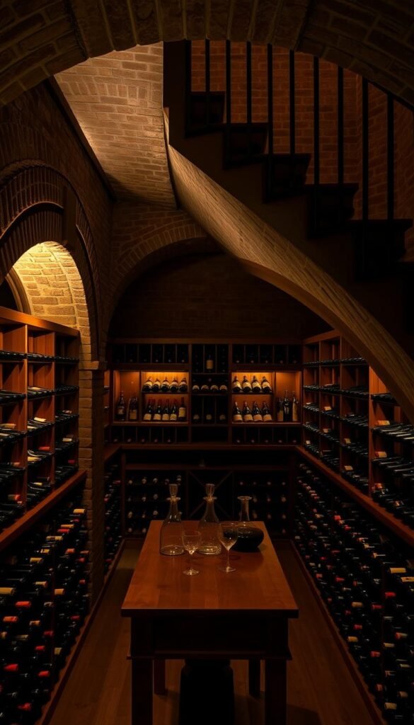a dimly lit wine cellar located under a grand staircase, with stone walls and brick arches, illuminated by soft, warm lighting creating a cozy, inviting atmosphere. Rows of wooden wine racks line the walls, filled with an impressive collection of vintage bottles. A wooden table in the center of the space holds decanters and glasses, hinting at the possibility of tasting and enjoying the exquisite wines. The overall scene exudes an air of sophistication and exclusivity, perfectly suited for a hidden, tucked-away space beneath the stairs.