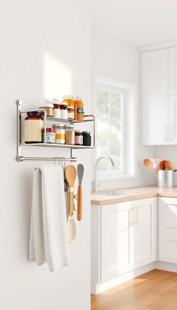 a high-quality, photorealistic image of a repurposed towel rail used as an organized kitchen storage solution, with various small kitchen items neatly arranged on the rails in a well-lit, bright, and modern kitchen interior. The image should show the towel rail mounted on the wall, with jars, containers, utensils, and other small kitchen essentials displayed in a visually appealing and functional manner. The kitchen should have clean, minimalist cabinetry, tiled backsplash, and hardwood or tile flooring, creating a cohesive and stylish design. The lighting should be soft and natural, highlighting the details of the storage solution and the overall kitchen aesthetic.