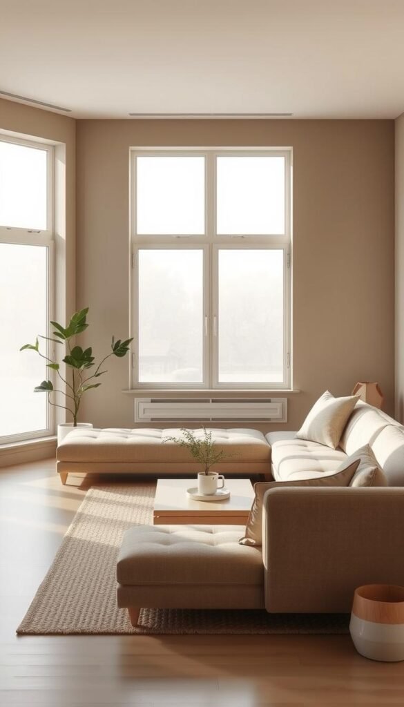 a minimalist interior design scene in a neutral color palette, featuring a clean and uncluttered living space with simple geometric shapes and natural textures. the room has large windows allowing soft, diffused natural lighting to fill the space, creating a serene and calming atmosphere. the walls are painted in a muted, earthy tone, complemented by a minimalist sofa and coffee table in shades of beige, gray, and white. a single potted plant adds a touch of organic greenery, while a textured rug and a few subtle decorative elements complete the refined, timeless aesthetic.