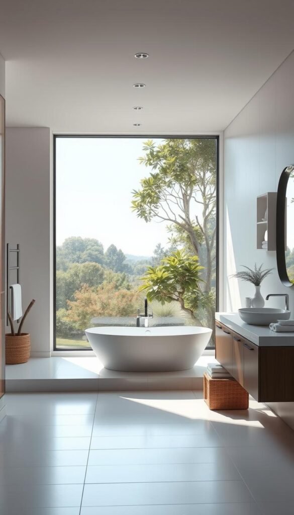 a minimalist, serene bathroom interior with a large window overlooking a tranquil garden or nature scene, soft natural lighting streaming in, a freestanding bathtub in the center, simple white tiles on the walls and floor, a sleek vanity with a single sink and minimal decor, plush towels and plants adding organic touches, the overall atmosphere is calming, relaxing and spa-like
