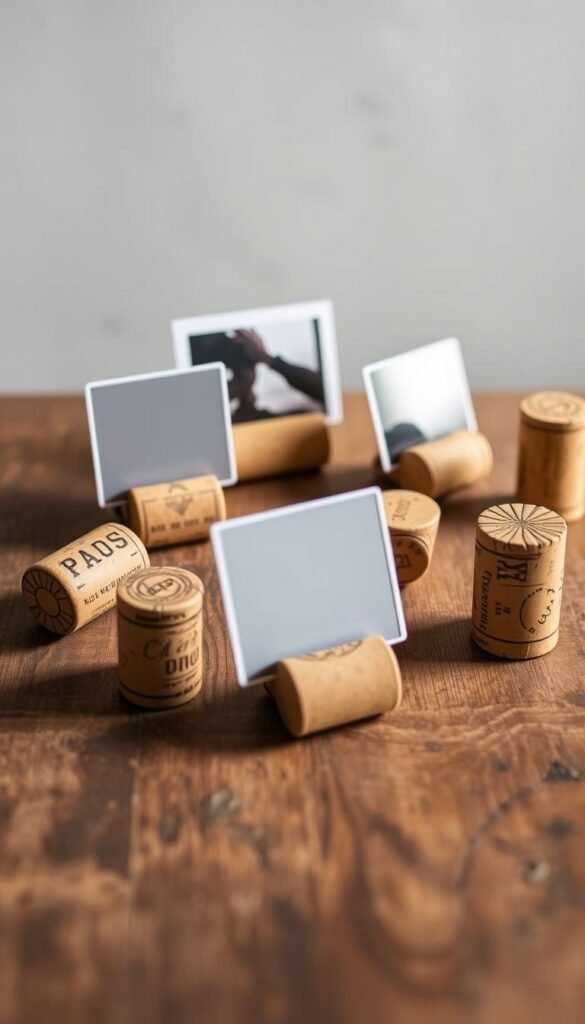a set of free-standing cork photo holders, each one uniquely shaped and textured, arranged on a rustic wooden surface. the holders are crafted from repurposed wine corks, their natural warmth and organic forms creating an inviting, handmade aesthetic. soft, diffused lighting illuminates the scene, casting gentle shadows and highlights that accentuate the tactile qualities of the corks. the composition is balanced and visually interesting, with the holders positioned at various angles to create a visually compelling display. the overall mood is one of casual sophistication, reflecting the charm and personality of these simple, yet elegant home accessories. a set of free-standing cork photo holders, each one uniquely shaped and textured, arranged on a rustic wooden surface. the holders are crafted from repurposed wine corks, their natural warmth and organic forms creating an inviting, handmade aesthetic. soft, diffused lighting illuminates the scene, casting gentle shadows and highlights that accentuate the tactile qualities of the corks. the composition is balanced and visually interesting, with the holders positioned at various angles to create a visually compelling display. the overall mood is one of casual sophistication, reflecting the charm and personality of these simple, yet elegant home accessories.