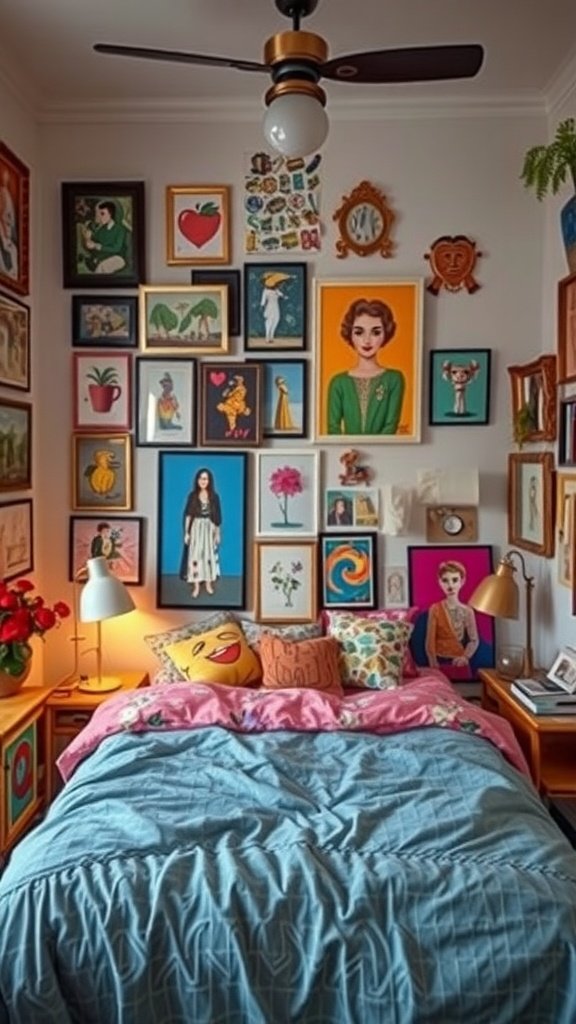 A cozy bedroom with a bed covered in colorful bedding and a wall filled with various framed artworks.