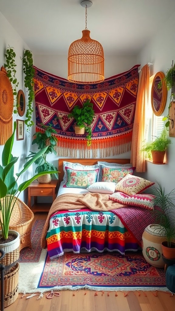A cozy bohemian bedroom with colorful tapestry, plants, and warm lighting.