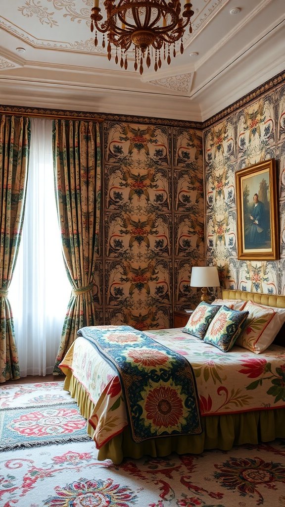 A beautifully designed bedroom featuring bold floral wallpaper, matching curtains, and colorful bedding with a chandelier.