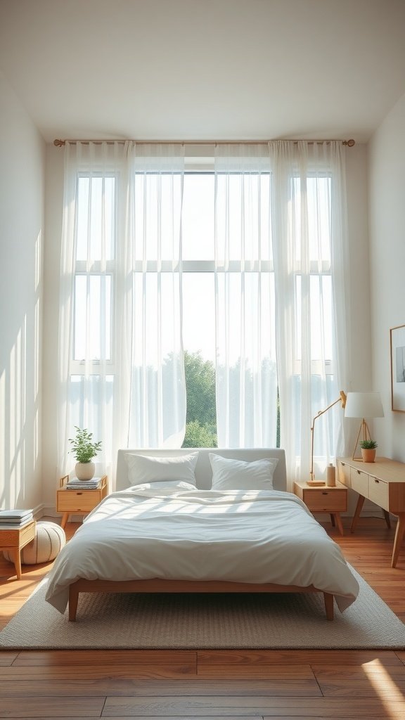 Bright and airy bedroom with large windows, white curtains, and wooden furniture