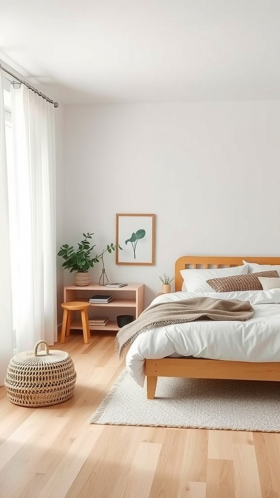 A Scandinavian styled bedroom featuring a wooden bed, light wood flooring, and minimalist decor.