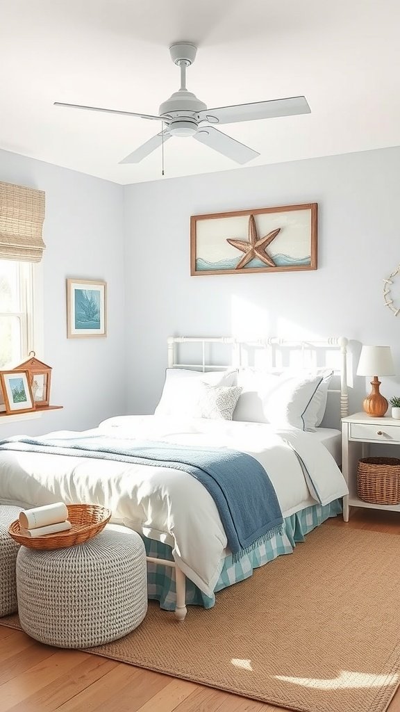 A coastal-themed bedroom featuring blue walls, a white bed with blue and white linens, a starfish artwork on the wall, and natural light streaming in.