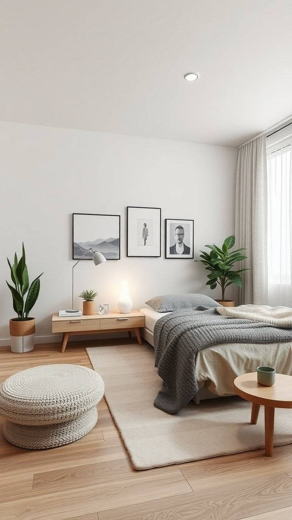 A cozy contemporary bedroom featuring a bed with gray blankets, wooden furniture, and potted plants.
