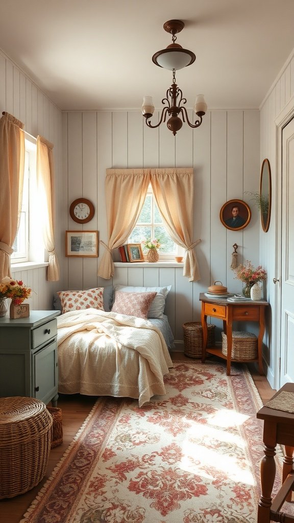 A cozy bedroom with a soft bed, rustic decor, and warm lighting, evoking cottage vibes.
