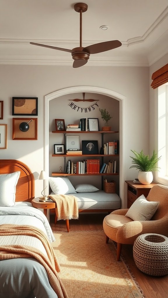 A cozy bedroom nook with a seating area, bookshelves, and warm lighting.