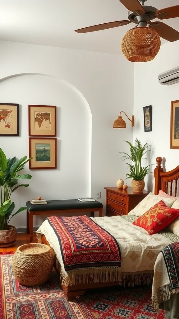 A cozy bedroom featuring cultural decor, including patterned textiles and framed art.