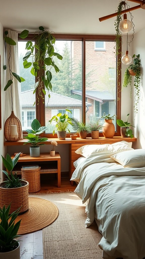An eco-friendly bedroom with plants, natural light, and wooden furniture.