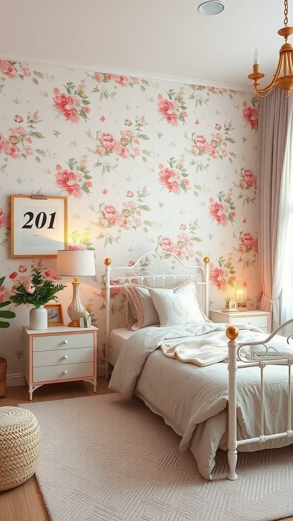 A feminine bedroom design featuring floral wallpaper, a white bed, and soft decor elements.