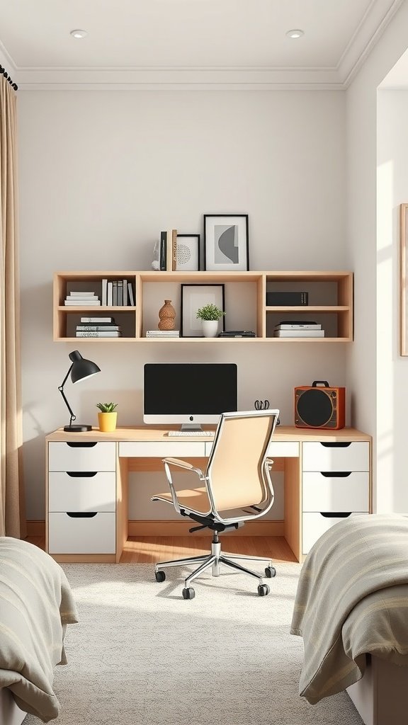A functional workspace in a bedroom with a modern desk, computer, and decorative elements.