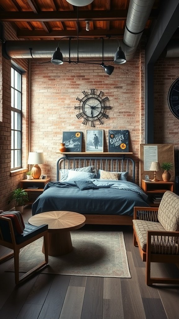 A stylish industrial bedroom featuring exposed brick walls, large windows, and a mix of metal and wooden furniture.
