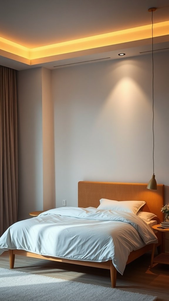 A stylish bedroom with warm recessed lighting and a pendant lamp, showcasing layered lighting design.