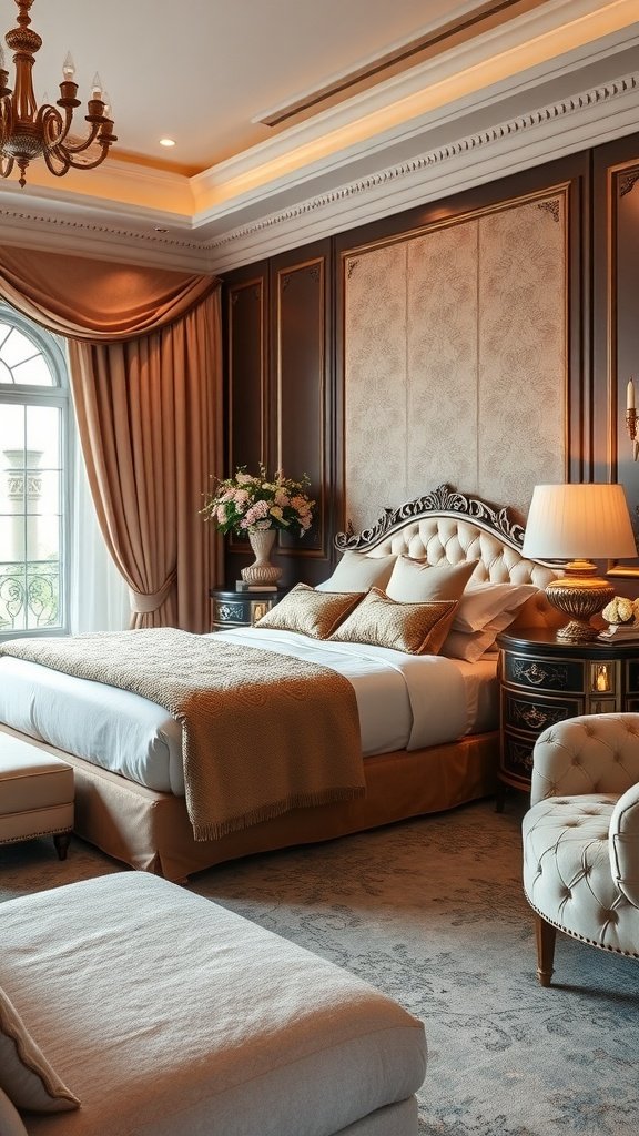 Luxurious bedroom featuring plush bedding, elegant wood finishes, and soft drapery, creating a warm and inviting atmosphere.