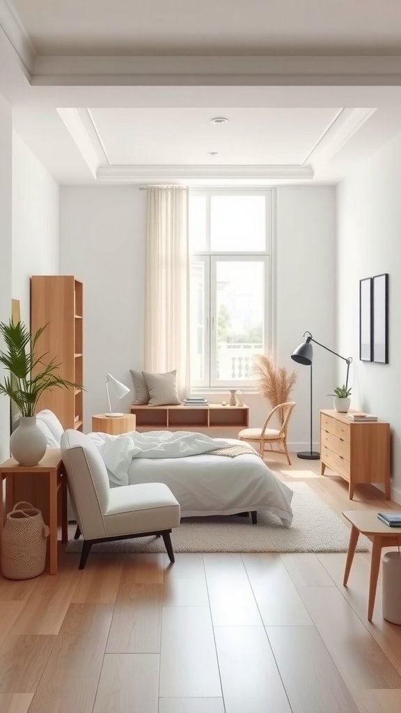 Minimalist bedroom design featuring light wood furniture and white linens, creating a serene atmosphere.