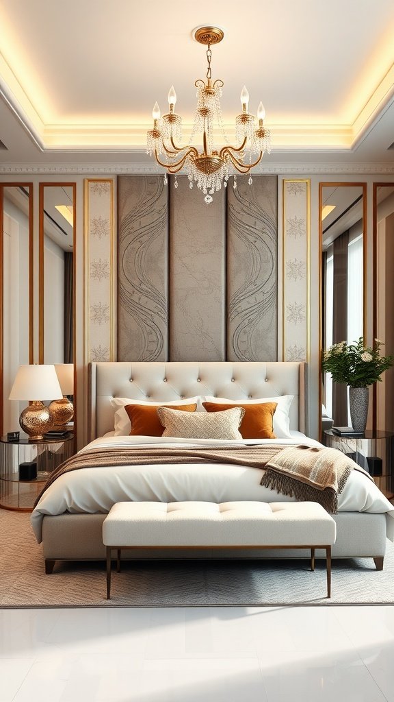 A chic and glamorous modern bedroom design featuring a plush bed, elegant chandelier, and stylish decor.