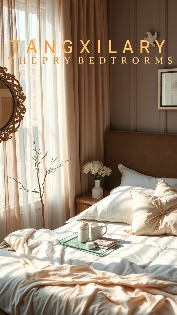 A serene bedroom with neutral tones, plush bedding, and a bedside table with a teapot and flowers.