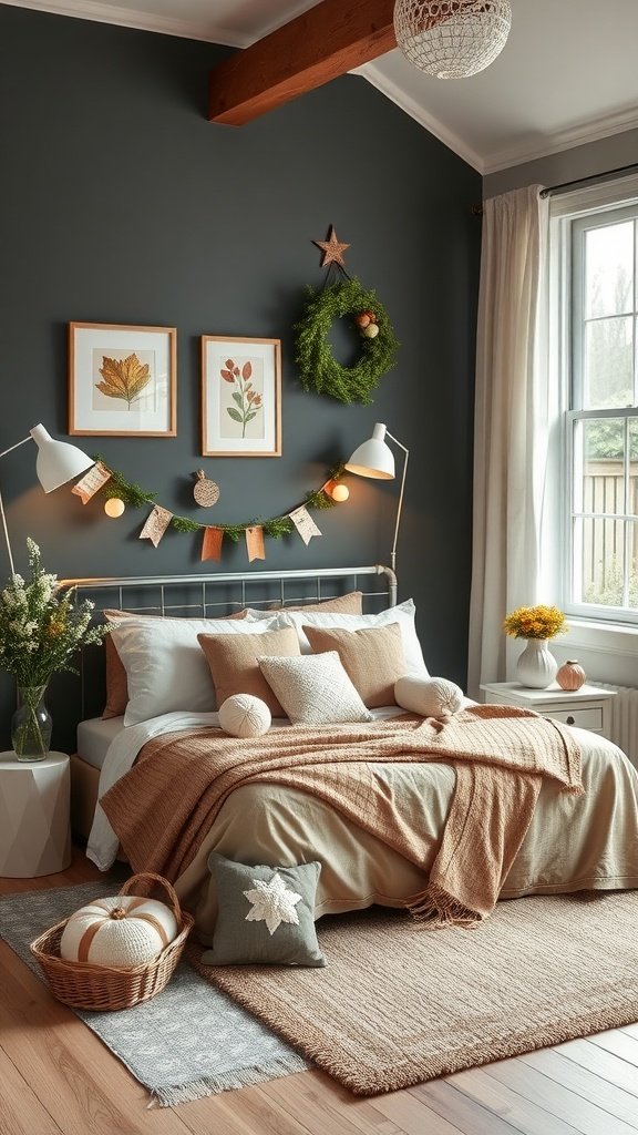 Cozy bedroom featuring seasonal decor with earthy tones and natural elements.