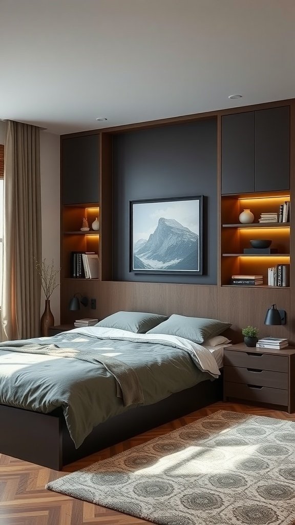 A stylish bedroom with built-in shelves, a cozy bed, and warm lighting, showcasing smart storage solutions.