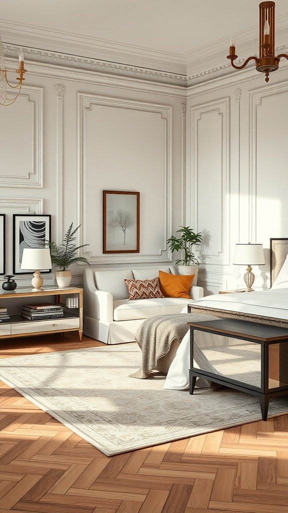 A sophisticated neutral bedroom design featuring elegant decor and functional furniture.