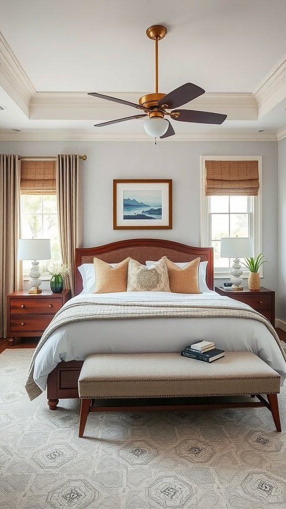A beautifully designed transitional style bedroom featuring warm colors, elegant furniture, and a cozy atmosphere.