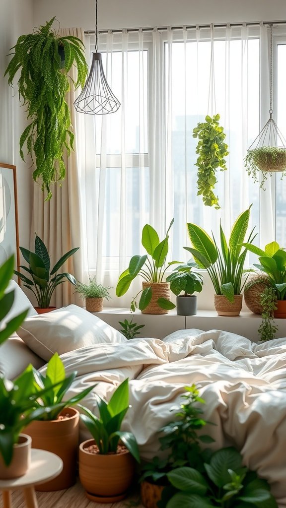 A bright bedroom filled with various indoor plants, featuring a cozy bed and natural light.