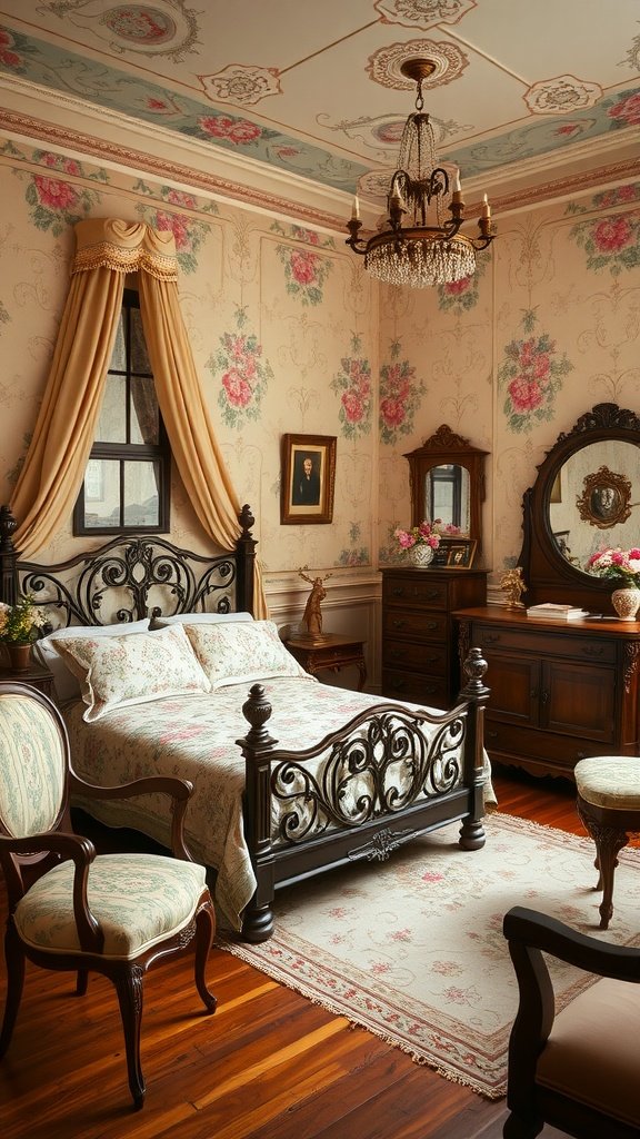 A vintage bedroom featuring floral wallpaper, a wrought iron bed, and classic furnishings.