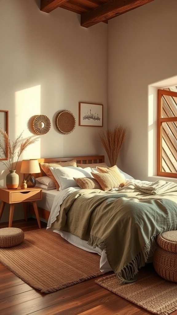 A cozy bedroom with warm earth tones featuring a bed with layered bedding, wooden furniture, and natural decorations.